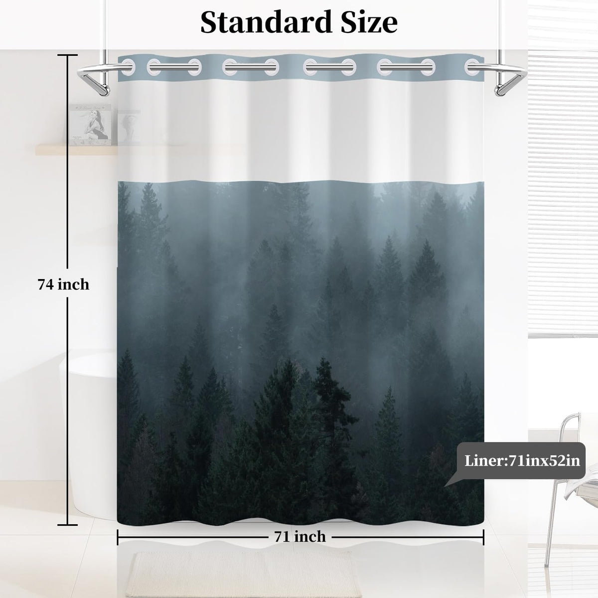 NAEMBCU No Hook Forest Shower Curtain with Snap in Liner Set, Waterproof Fabric Shower Curtain with Mesh Top Window, Misty Pine Tree Landscape Bath Curtain, Nature Woodland Bath Decor 71x74 Inch
