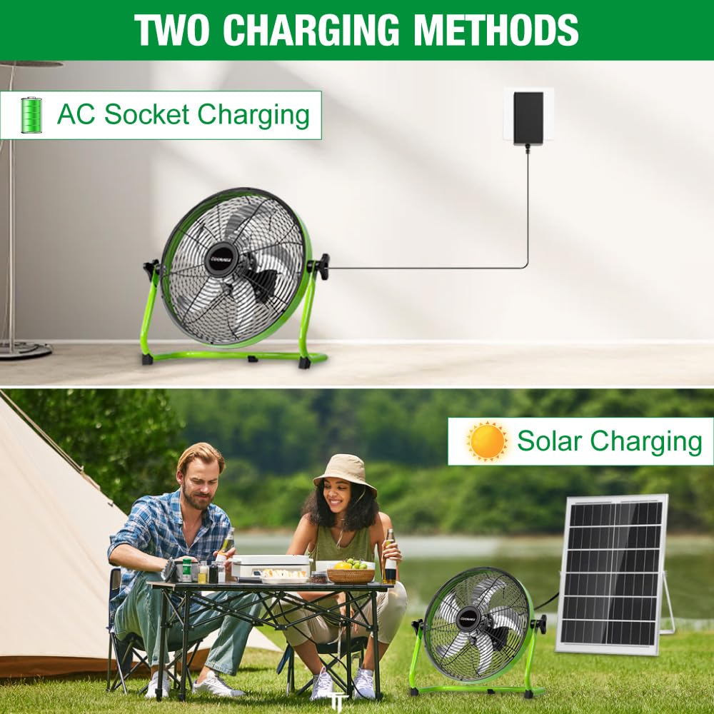 COORHEIX 12'' Solar Powered Floor Fan Rechargeable, 18000mAh Battery Operated Fan 5-Blade Portable Outdoor Fan 360° Tilt for Outside, Greenhouse, Camping, Shed