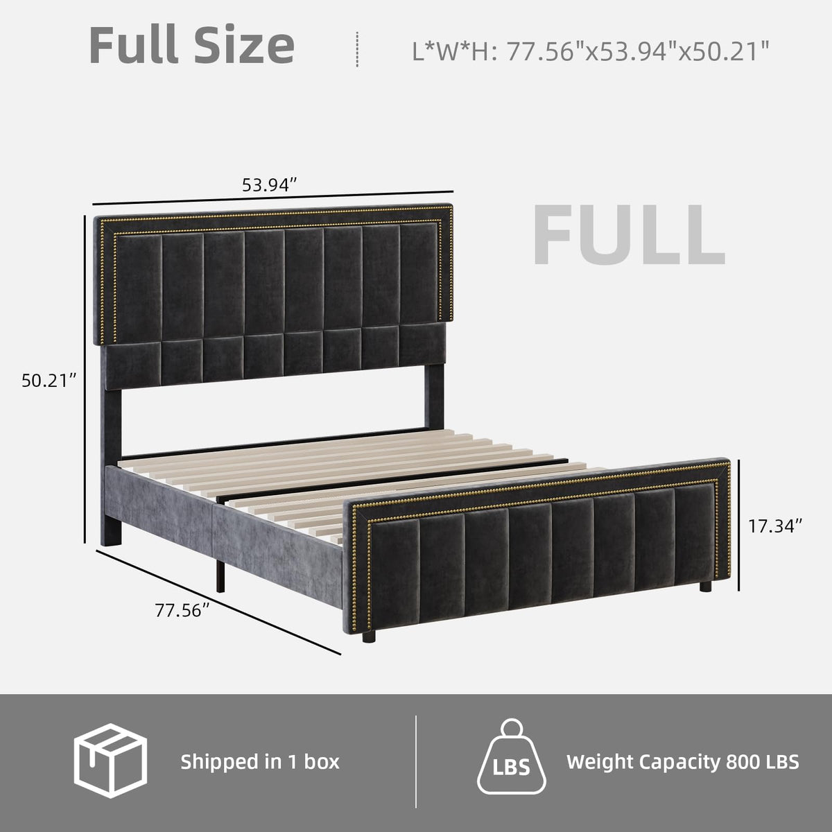BarnFurin Full Size Bed Frame with 50" Tall Headboard and Footboard, Chenille Upholstered Platform Bed, Vertical Channel Tufting with Nailhead Trim, No Box Spring Needed, Easy Assembly, Black