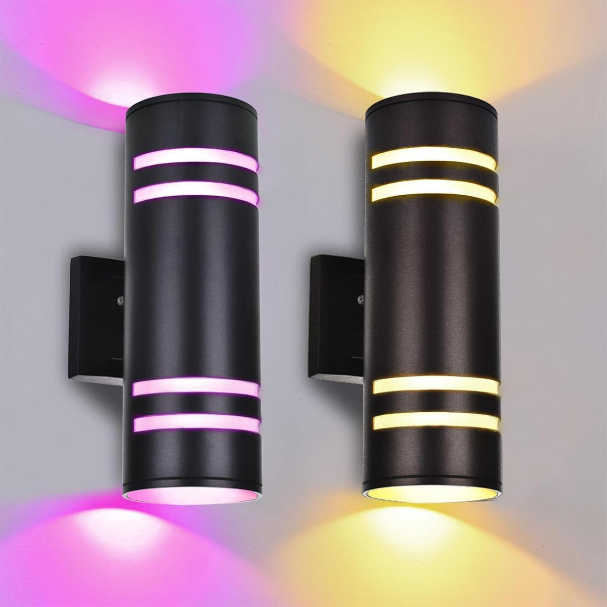 iYogaled Smart RGB Outdoor Wall Lights, 2 Pack Front Porch Light Fixtures, Cylinder Up and Down Lights Outdoor Wall Sconce, Exterior Lighting Fixture Compatible with Google Assistant Alexa
