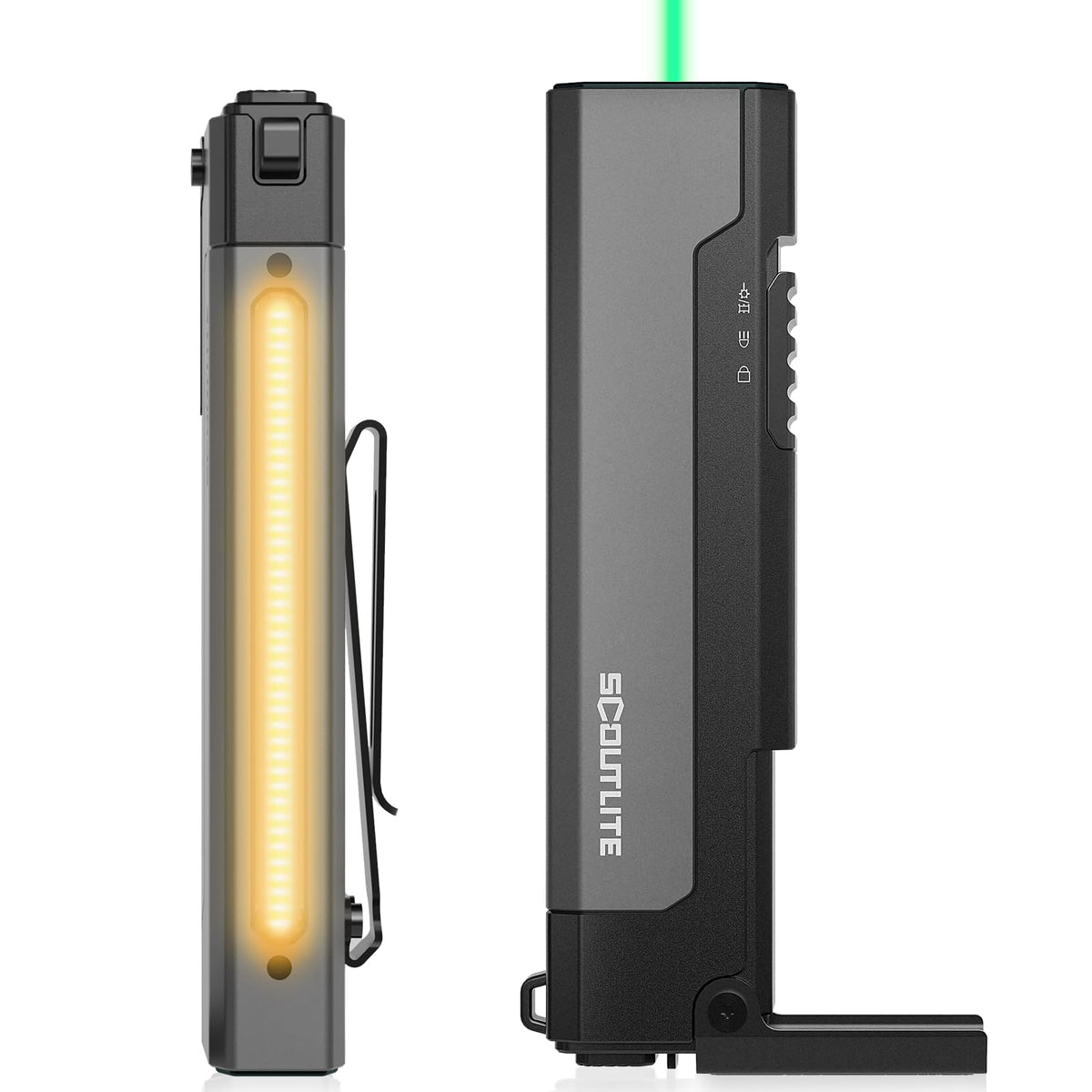 SCOUTLITE Vario GB 2000 EDC Flashlight with Green Beam, White and Warm LED Combo, 2000 Lumens Compact Magnetic Flat Pocket Lights, Triple Sources for Ourdoor Camping Inspection Emergency Work (Black)