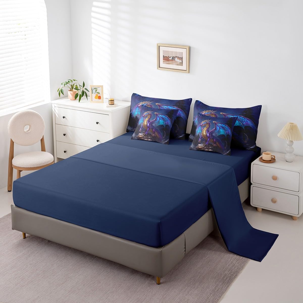 Erosebridal Western Dragon Bedding Set for Boys,Galaxy Starry Sky Twin Comforter Set 7 Piece for Kids Teen Men Magical Dragon Bed in A Bag with Sheets Fantasy Animal Sheet Set with Comforter