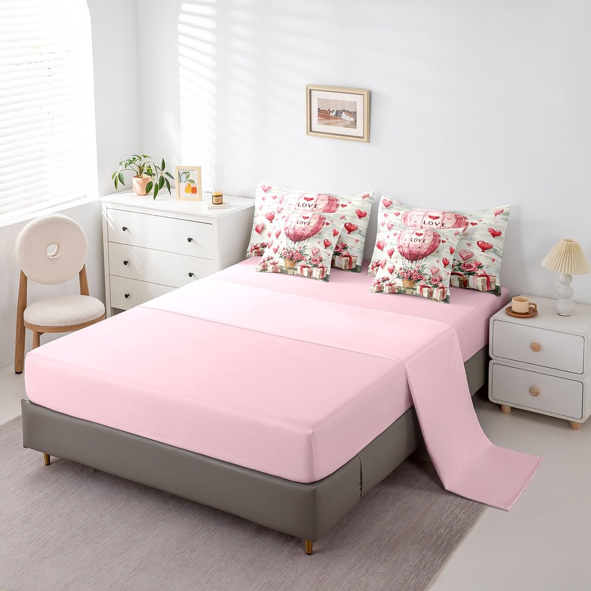 Erosebridal Hot Air Balloon Comforter Set Romantic Roses Valentine's Day Full Bed in A Bag Pink Love Balloon Gift 7 Piece Bedding Set Watercolor Strip Couple Bed Set for Teen Adults Men Women