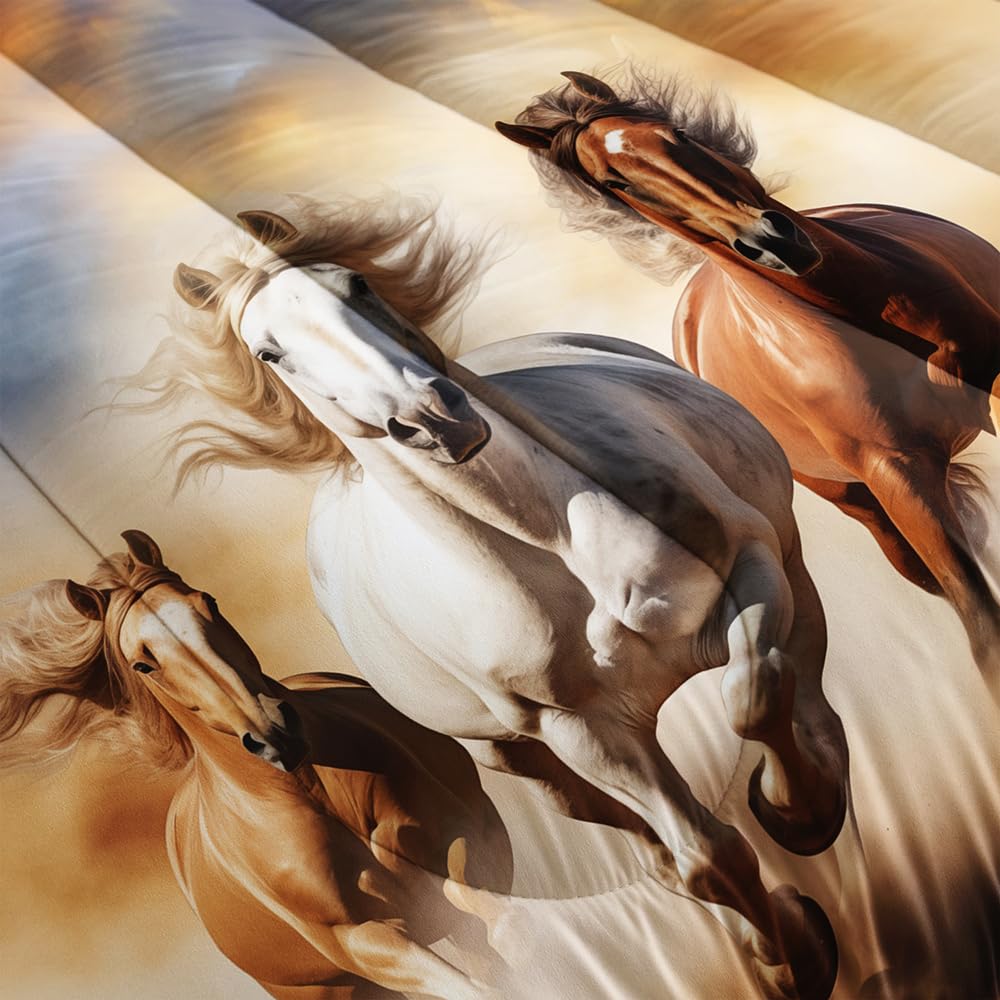 XYNHML Kid Galloping Horse Comforter Set Full Animal Theme Handsome Horse Bedding Set Wild Animal Grey Sky Sand Decor Quilt Bed Set for Boys Girls Adult, 1 Comforter + 2 Pillowcases
