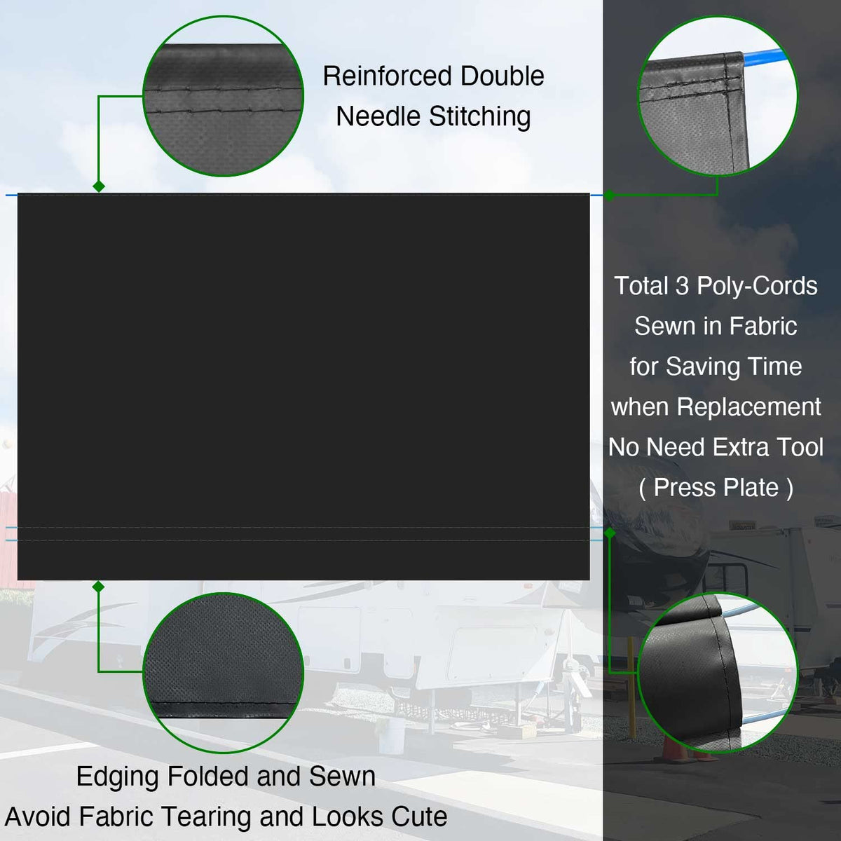 Leaveshade RV Awning Fabric Replacement Motorhome Camper Trailer Awning Fabric Super Heavy Vinyl Coated Polyester 15'3''(Fit for 16' Awning)-Solid Black