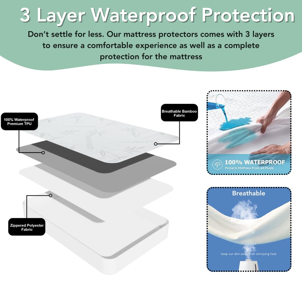 Bamboo Rayon Mattress Protector with Zipper +1 Pillow Protector - 100% Waterproof Cooling Twin XL Size Cover - Ultra Soft Fabric Breathable Noiseless Mattress Pad Covers Zippered Encasement