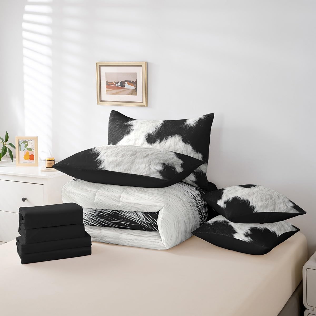 Erosebridal Cute Cow Print Twin Bedding Set 7 Piece for Boys Black White Cowhide Bed in A Bag for Kids Teens Youth Adult Western Farmhouse Fur Comforter Set with Sheetcountry Animal Skin Bed Sets