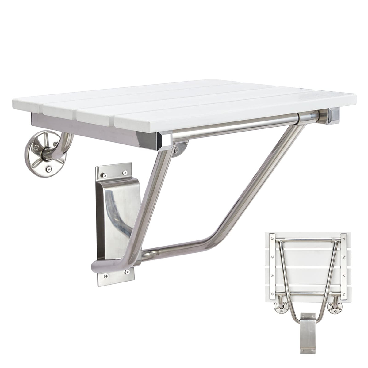 Folding Shower Seat and Bench Wall Mounted, Shower Chair Foldable, Shower Stool Collapsible for Inside Shower Bathroom Bathtub Small Space, 350lb Capacity, Plastic Wood