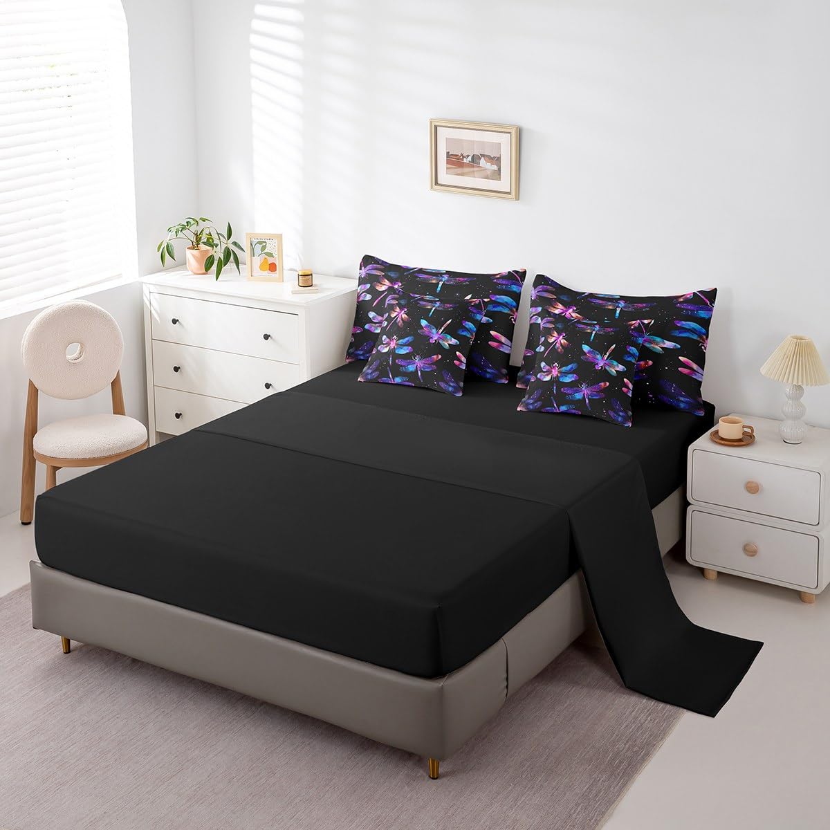 Erosebridal Gradient Dragonfly Comforter Set Queen,Gradient Aesthetic Animal Bedding Set 7Pcs for Girl Lady Women,Boho Dragonflies Quilt,Glitter Starry Sky Stars Bed in a Bag