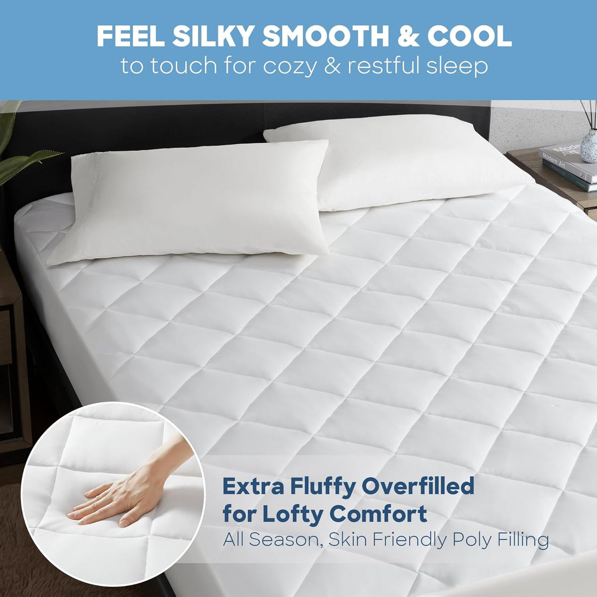 Sharper Image Twin Mattress Pad, Overfilled, Jersey Knit Ultra-Soft & Cooling Touch Mattress Pad for Bed, Cozy T-Shirt Handfeel Mattress Topper Fitted Pocket Fits Up to 18", Twin, White