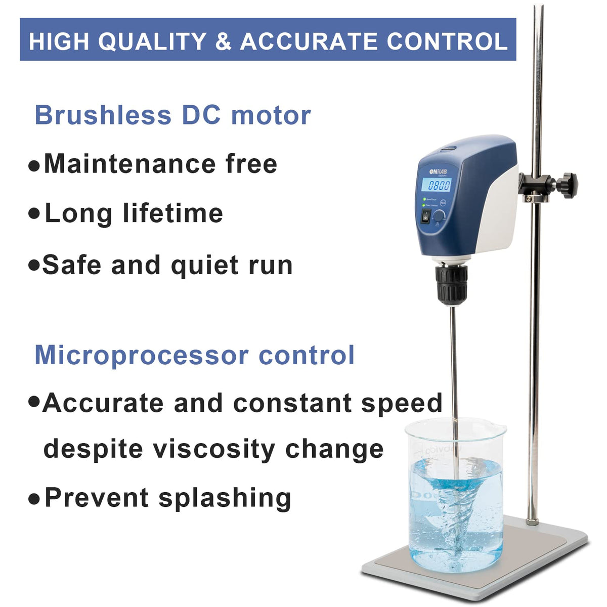 ONiLAB Electric Overhead Stirrer, LCD Digital Overhead Stirrer Mixer with Stirring Rod and Stand，Powerful 20L ，10000 mPas ， 50~2200RPM （Stand Included), Dark Blue