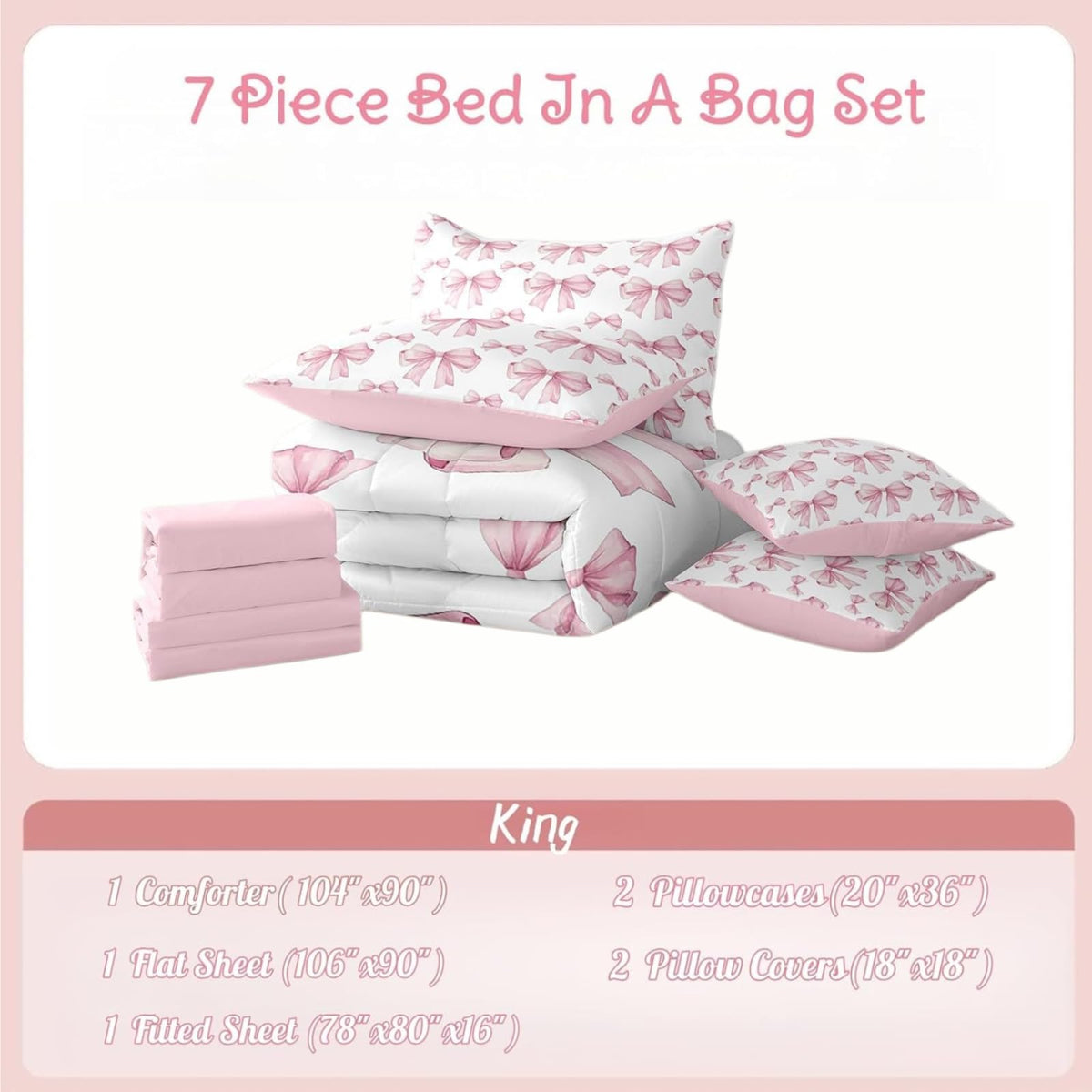 Erosebridal 7 Piece Pink Bowknot Kids Comforter Set King Bed in a Bag,Dreamy Princess Style Kids Girls Bedding Set for Women,Girly Bow Tie Bed Set,Romantic Valentine's Day Sheet Set Reversible Quilt