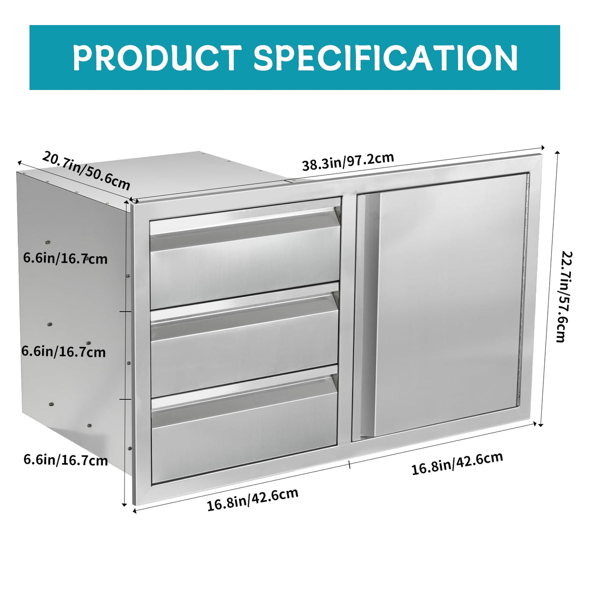 FORJAMINT Outdoor Kitchen Door Drawer Combo Cabinet,38.1W x 22.6H x 20.8D Stainless Steel with Handles,Triple Drawers & BBQ Access Combo for Outdoor Kitchen Island (Drawer and Right Door Combo)