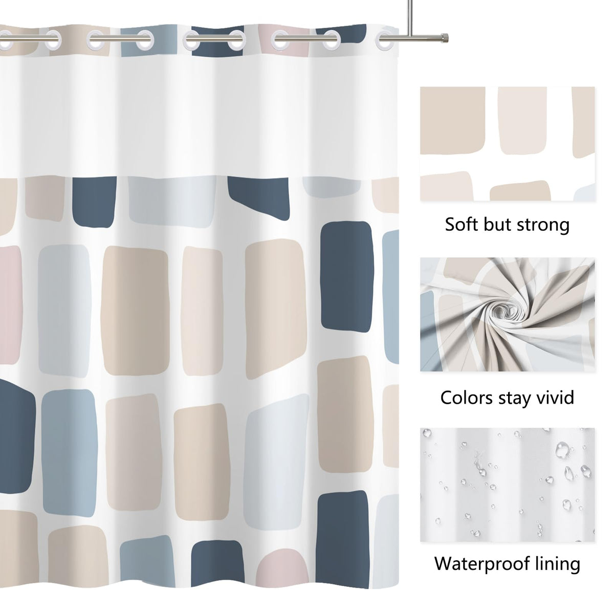 Xiazhilaio No Hook Geometry Shower Curtain with Liner 71 x 74 Inch - Blue and Yellow Modern Abstract Pattern, Waterproof Fabric Bath Curtain with Mesh Top for Minimalist and Modern Bathroom Decor