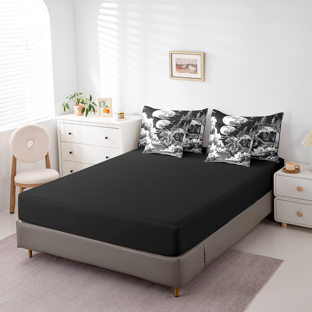 Erosebridal Ancient Castle Comforter Set King,Magical Dragon Bedding Set 7Pcs for Kids Teens Adults,Gothic Horror Midnight Bed in a Bag
