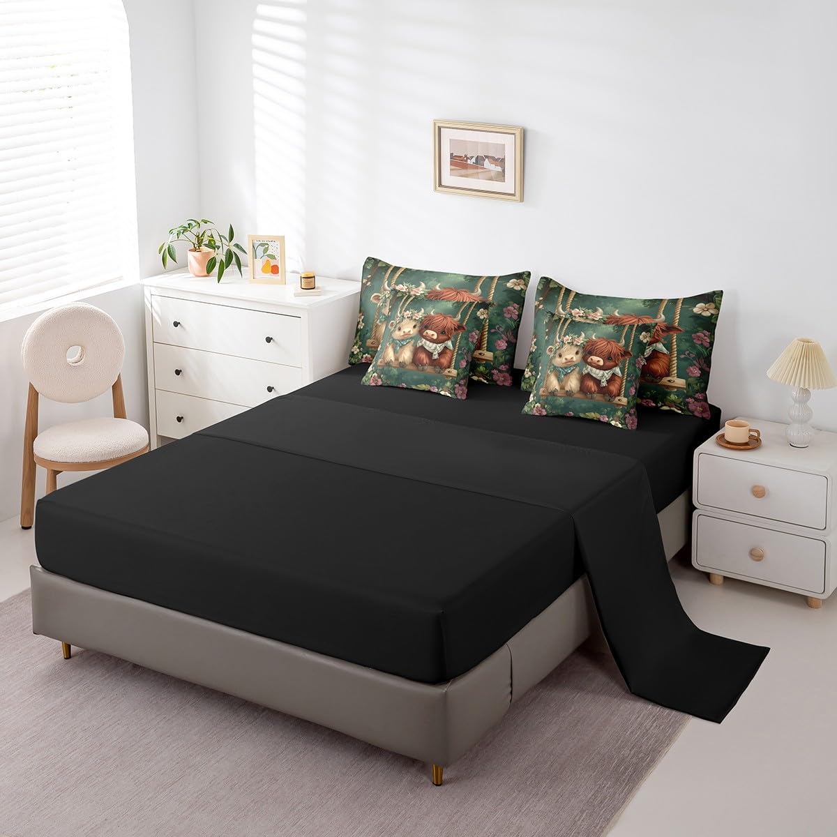 Erosebridal Highland Cow Comforter Set King Size,Western Cow Bedding Set for Kids Teens,Farmhouse Animal Bed in a Bag （Comforter, Sheets, Pillowcases & Cushion Covers）