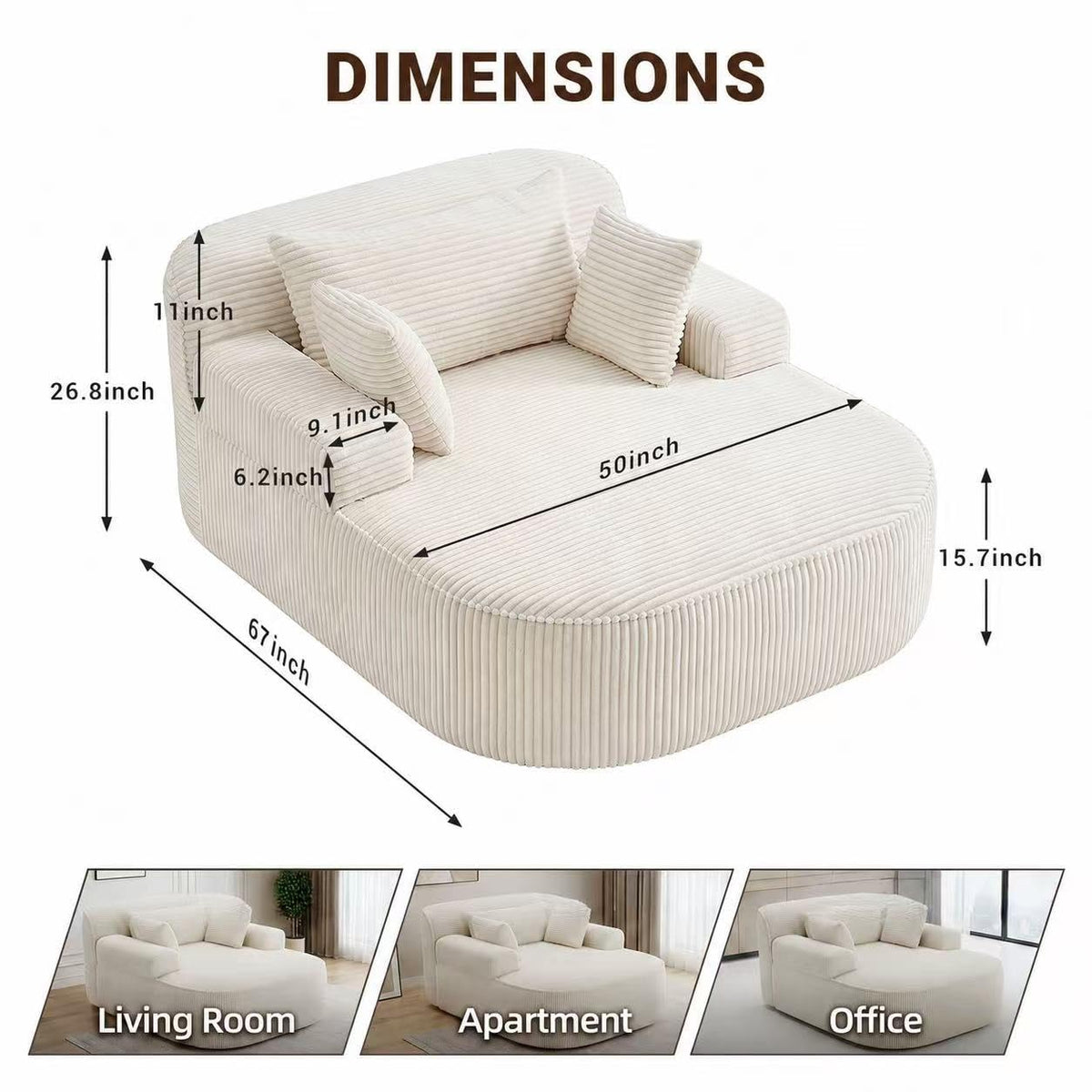 RJFFDDGZ Boneless Chaise Lounge Chair Indoor, Oversized Corduroy Foam Lounger with 3 Pillows, White