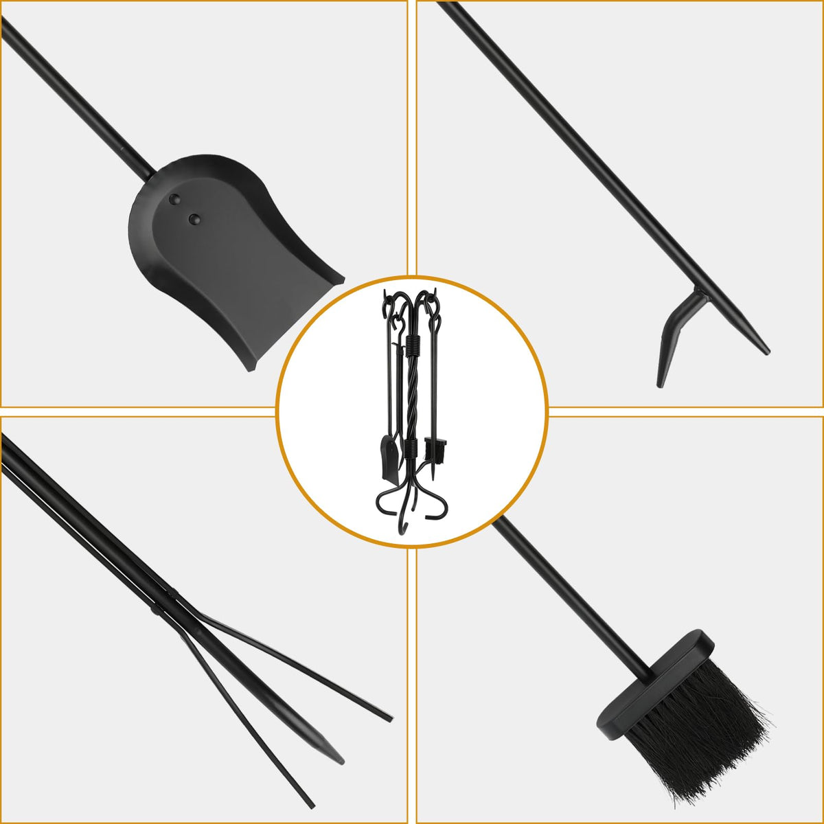 Nouetele 5-Piece Fireplace Tools Set Wrought Iron - NO Assembly - Heavy Duty 32" Solid Steel Fire Poker Set for Outdoor Fire Pit & Wood Stove - Fire Place Set with Tongs, Shovel, Brush, Stand