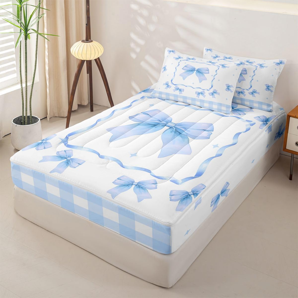 Feelyou Cute Bow Zipper Bedding Queen Kawaii Bowknot Zipper Bedding Sets for Kids Boys Girls Princess Bowknot Comforter Set with Fitted Sheet and Pillowcases Buffalo Check Bedroom Decor Blue