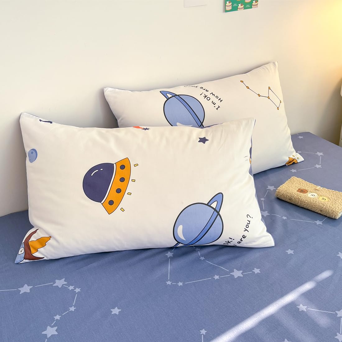 LIWHENHAO Rocket Duvet Cover Set Twin 100% Cotton Bedding Cartoon Astronaut Galaxy Universe Print on White 1 Space Star Comforter Cover Zipper Closure 2 Pillowcases for Kids Girls Boys