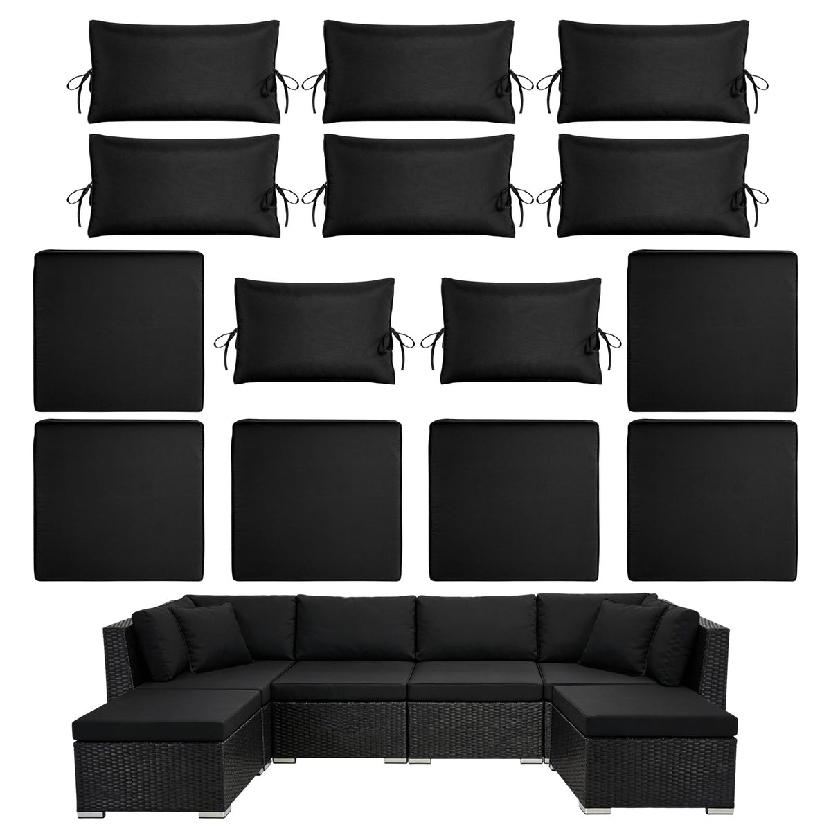 Cabubra 14PCS Outdoor Patio Furniture Cushion Covers, Waterproof & Sun-Resistant Zippered,Fit for Patio Furniture Sectional Sofas and Wicker Rocking Chairs,3 Sizes,Black. Covers Only