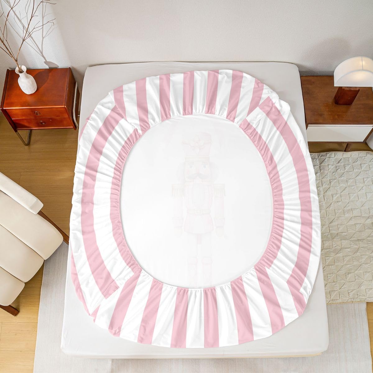Manfei Nutcracker Kids Full Size Fitted Sheet,Christmas Lovely Bowknot Boys Girls Bed Sheets,Winter Xmas Holiday Stripes Room Decor,Pink White Bedding Set,2 Pillowcases(No Flat)