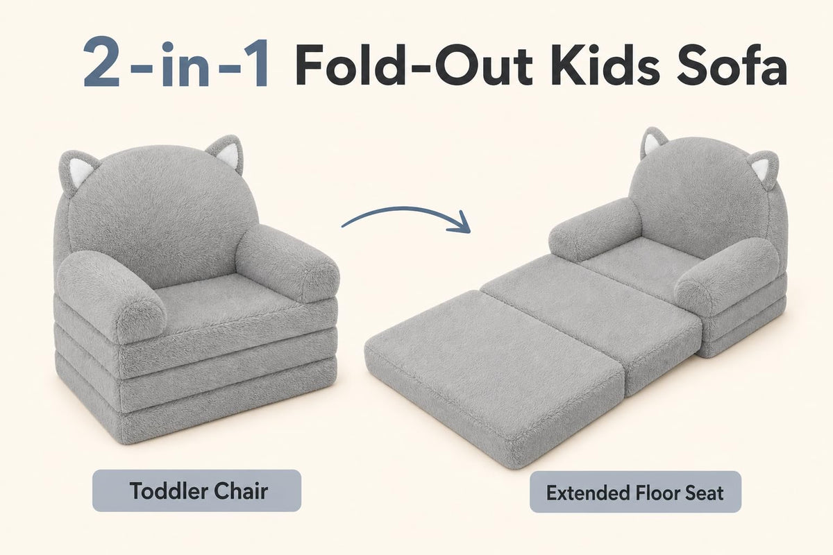 MONKISS Kids Couch, Comfy Toddler Chair, 2 in 1 Fold Out Kids Sofa, Baby Sitting Chair with Washable Cover, Toddler Furniture for Reading, TV and Playroom, Birthday Gifts, 1-4 Years Old, Grey Cat