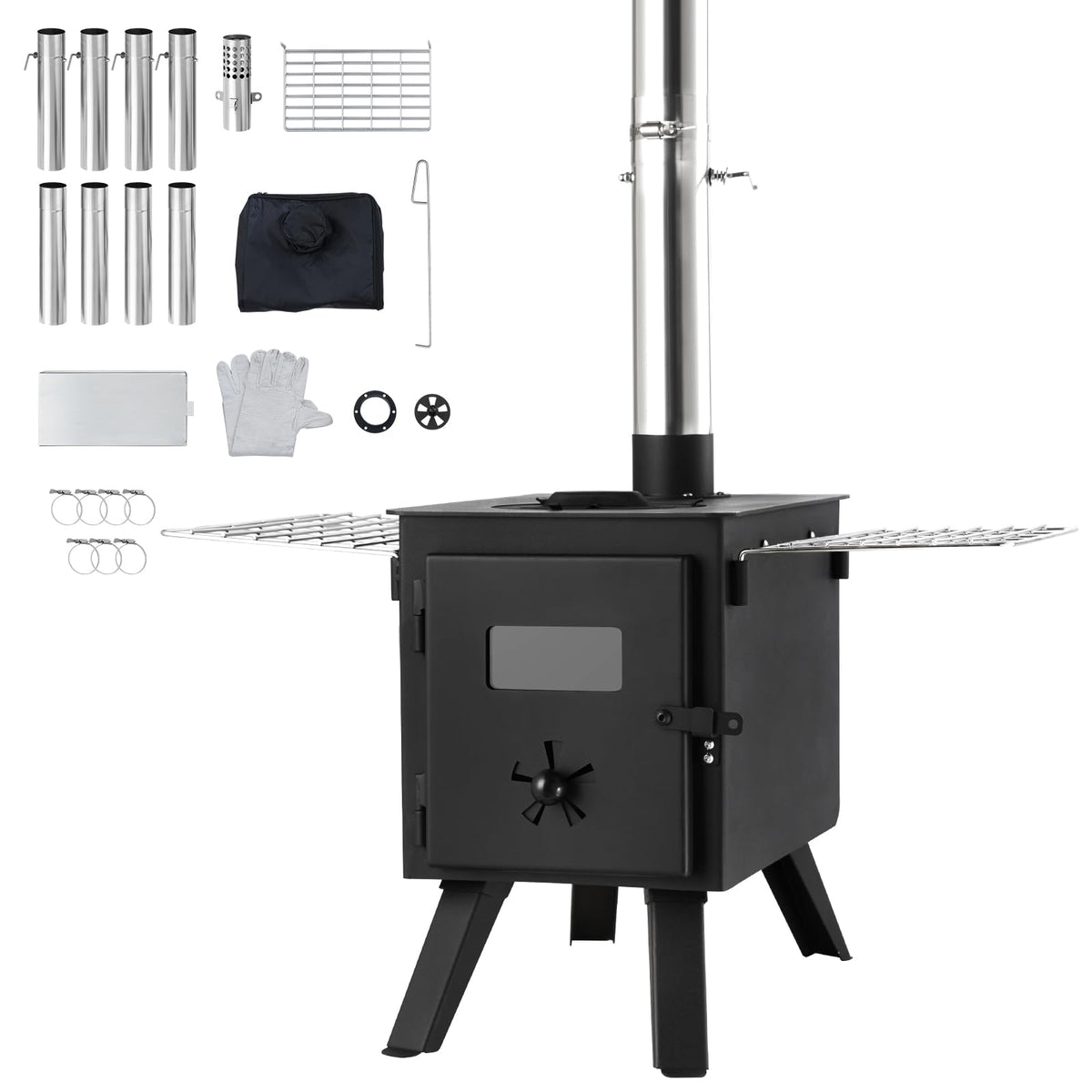 VEVOR Camping Wood Stove Alloy Steel Camping Tent Stove, Portable Wood Burning Stove with Chimney Pipes & Gloves, 1400in³Firebox Hot Tent Stove for Outdoor Cooking and Heating with 8 Pipes