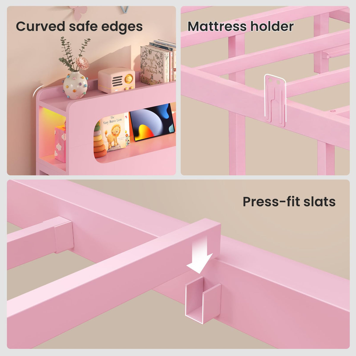 ADORNEVE Twin Bed Frame with 6 Drawers & LED Lights for Girls, Pink