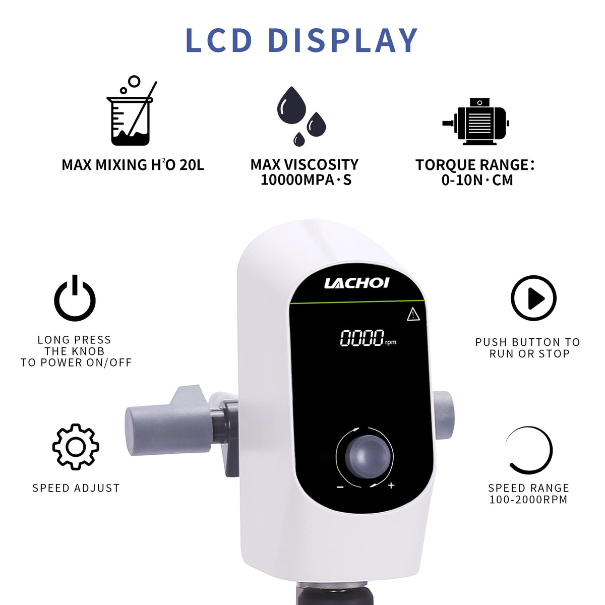 LACHOI Electric Overhead Stirrer Mixer 100-2000RPM Max.20L(H₂O) LCD Display Digital Overhead Stirrer Mixer 10000mPas Powerful Lab Stirrers Mixer with Stirring Rod and Stand(Max.20L H₂O)
