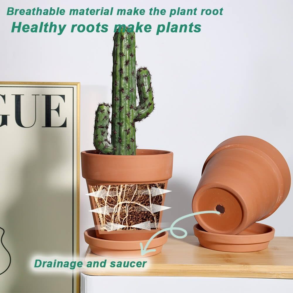 vensovo 6 Inch Terracotta & Clay Pots for Plant with Saucer - 4 Pack Medium Terra Cotta Planter with Drainage Hole, Flowerpot for Indoor Outdoor Plants, Crafts, Wedding Favor