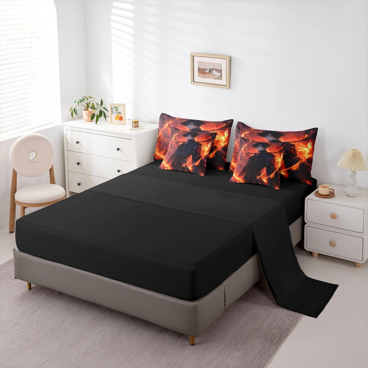 Erosebridal Anime Boy Twin Comforter Set 7 Piece,Japanese Anime Bedding Set with Sheets for Boys Teen Kids,Gaming Gamer Bed Set with Fitted Sheet,Flat Sheet,Pillowcases,Throw Pillow Covers