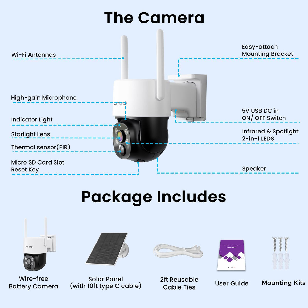 XMARTO 0-Light Night Color Solar Wireless Security Camera Outdoor, PTZ Wire-Free Home Surveillance with AI Tracking & Thermal Detection, Non-Stop Solar Power, 0 Monthly Fee, 5G Dual Band WiFi 6