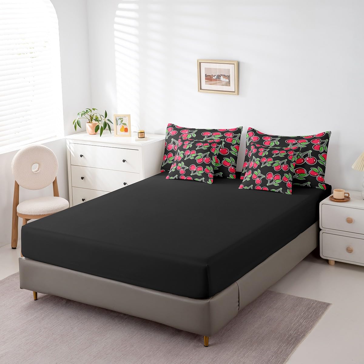 Erosebridal Cherry Comforter Set 7 Piece Bed in a Bag Twin,Kawaii Red Cherry Fruit Bedding Sets Novelty Tropical Food Comforter and Sheet Set,Botanical Leaf Green Plant Leaves Bed Set