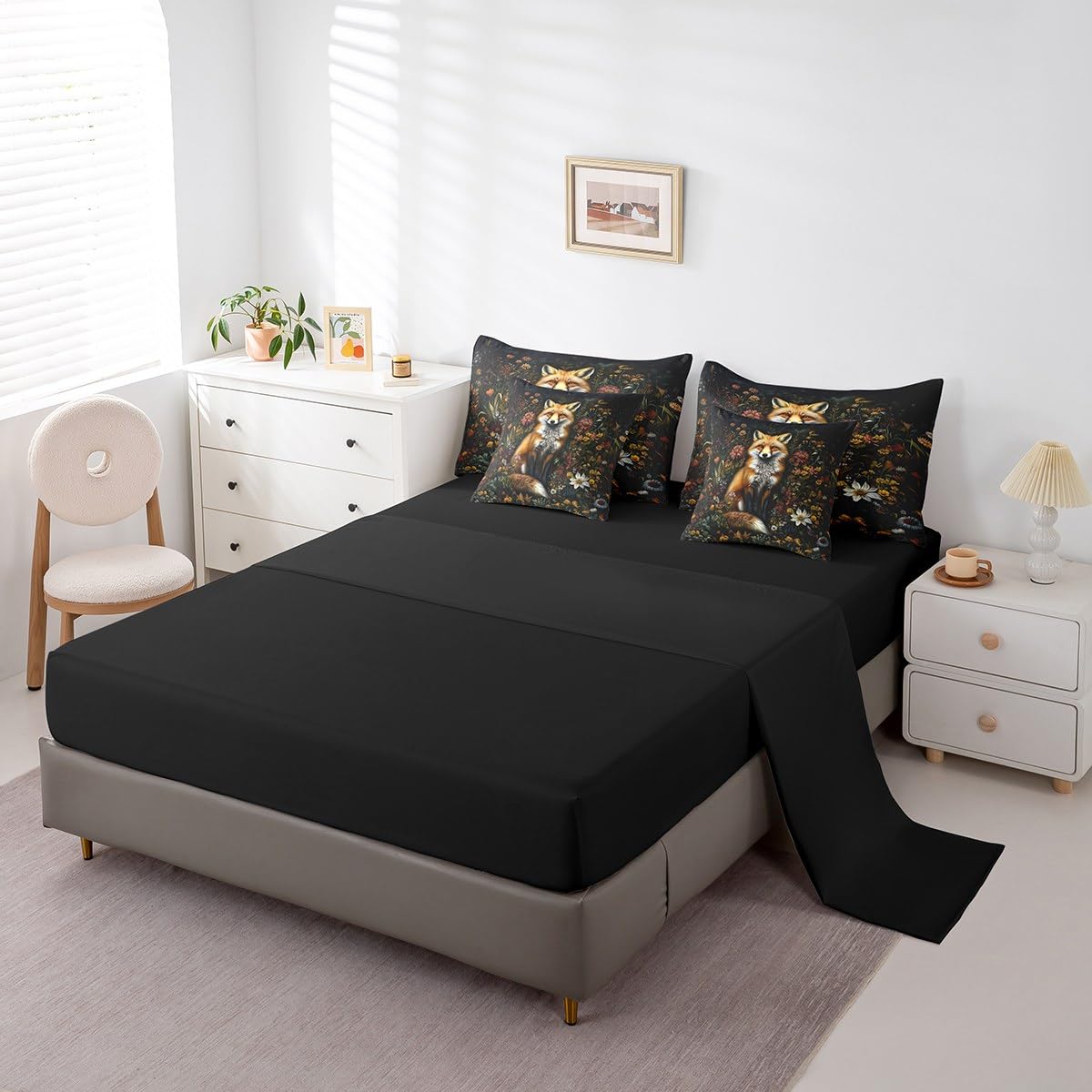 Erosebridal Fox Comforter Set King Size,Cartoon Zoo Animal Bedding Set for Kids Teens,Oil Art Garden Floral (Comforter+Fitted+Flat Sheet+2 Pillowcases+2 Throw Pillow Covers) 7 Pieces Bed Set