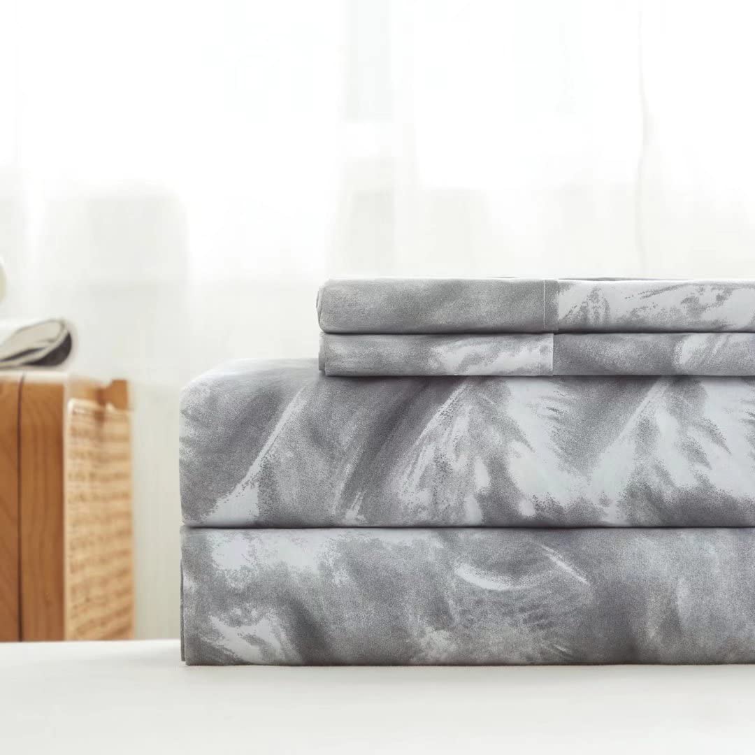 Queen Size Sheets Set 4PC - Soft Cooling 1800 Thread Count Micro Printed Sheet, 8 - 17 Inch Deep Pocket Breathes Better, Hypoallergenic, Wrinkle, Machine Washable Grey Marble Patterned Double Bedding