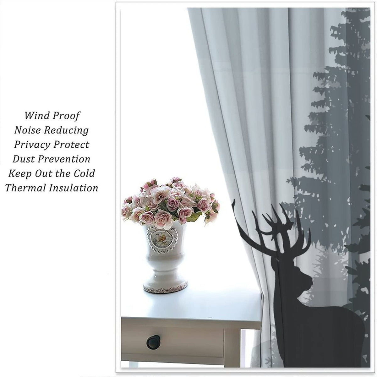 Deer Blackout Curtain,Misty Forest Rustic Wildlife Moose Mountain Elk Rabbit Pine Forest Silhouette Window Curtains Bedroom Living Room Insulated Window Drapes,2 Panels W42 xL45