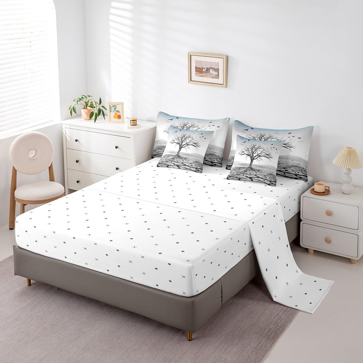 Homewish Natural Style Reversible Comforter Set 7 Piece King Size,Tree Branch Blue Birds Animal Print Bed Sheet Set Abstract Art Room Decor Modern Bedding Set with Comforter,Fitted & Flat Sheet