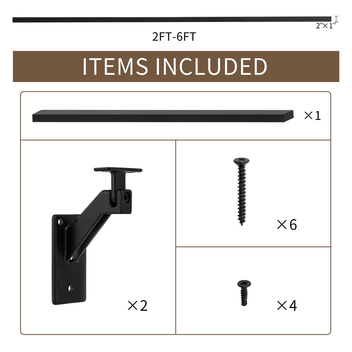 6FT Matte Black Handrails Kit for Indoor Outdoor Stairs，Modern Aluminum Handrail Set,2" X1" Grab bar,Adjustable 304 Stainless Steel Brackets Included，Rust Free