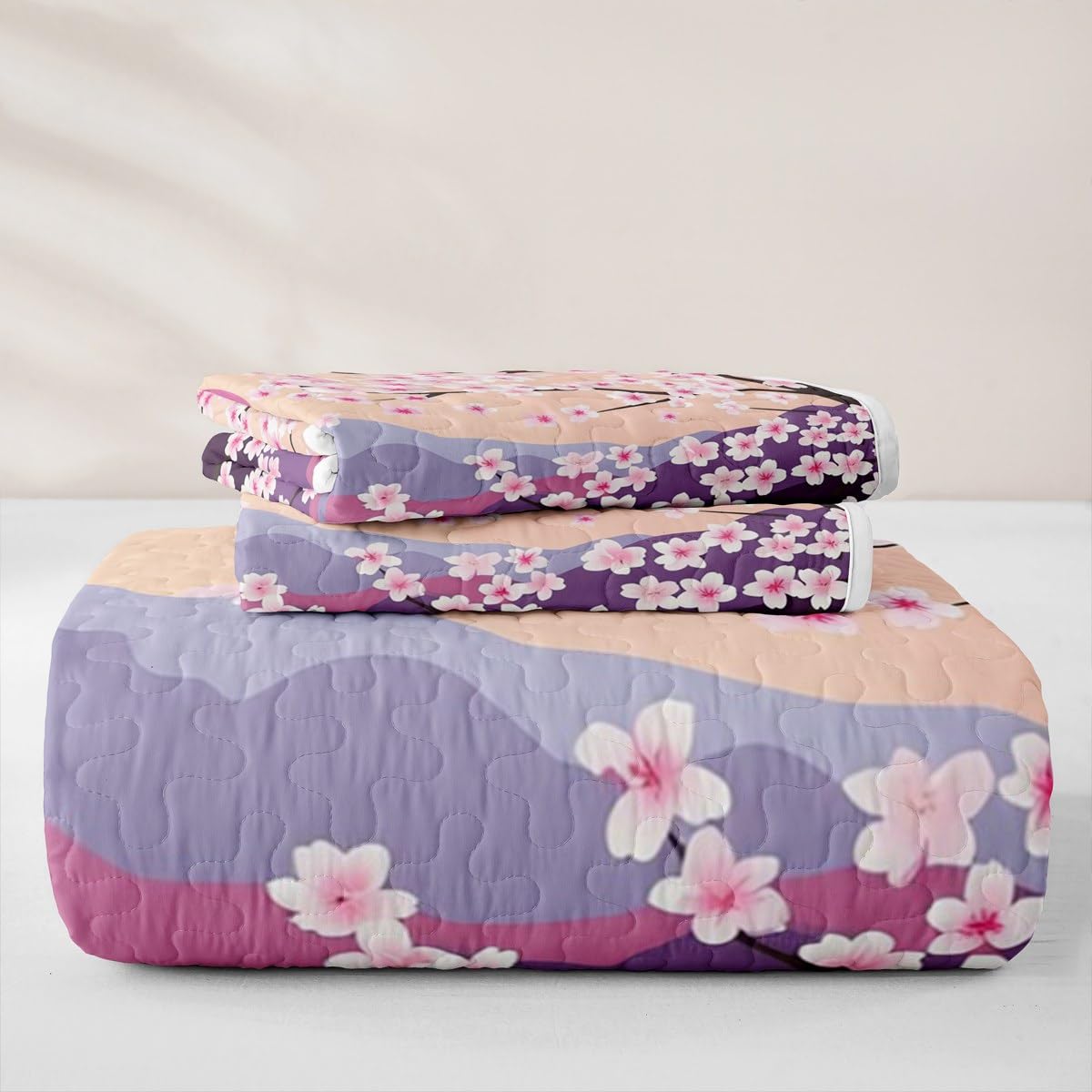 Erosebridal Cherry Blossoms Quilt Full Pink Flowers Quilt Set Japanese Style Quilted Bedspread Branches Plant Floral Bedding Coverlet