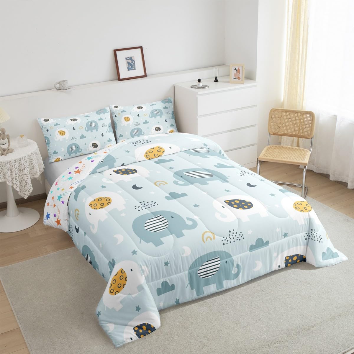Feelyou Cartoon Elephant Bedding Set for Boys Girls Queen, Kids Zoo Animal Comforter Set Rainbow Elephant Comforter Wildlife Duvet Set 3Pcs