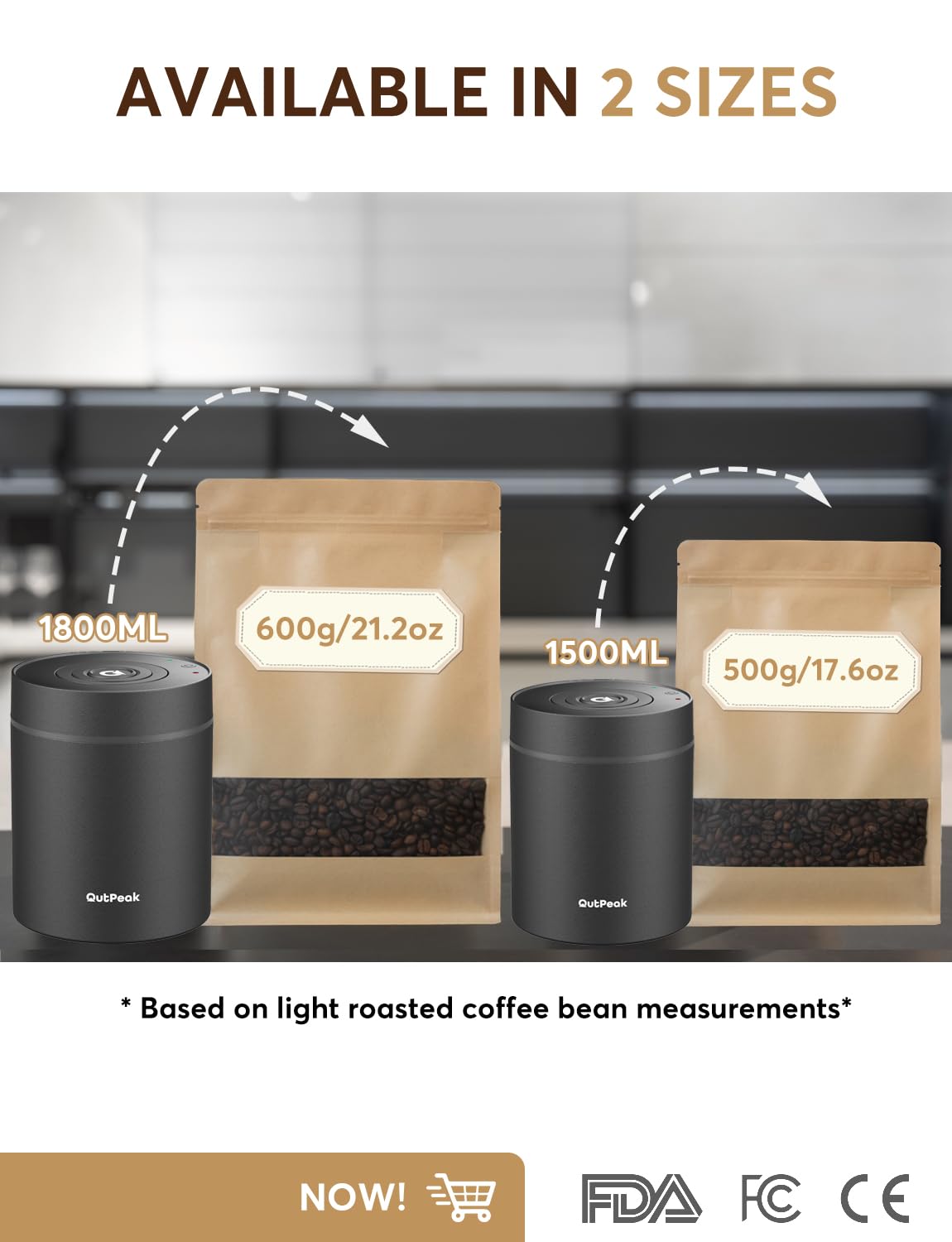 OUTPEAK Kilo Auto Vacuum Coffee Canister: 1.5L for 17.6oz, 1.35L for 14oz Coffee Beans