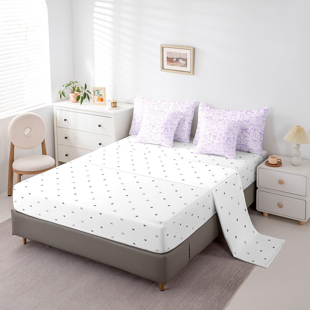 7 Pieces Kids Comforter Full Size,Purple Bow Comforters Cartoon Bowknot Bedding Butterfly Knot Princess Girl Bed Sets,Bow Star Love Girly Comforter Fitted Flat Sheet Pillowcase Throw Pillow Cover