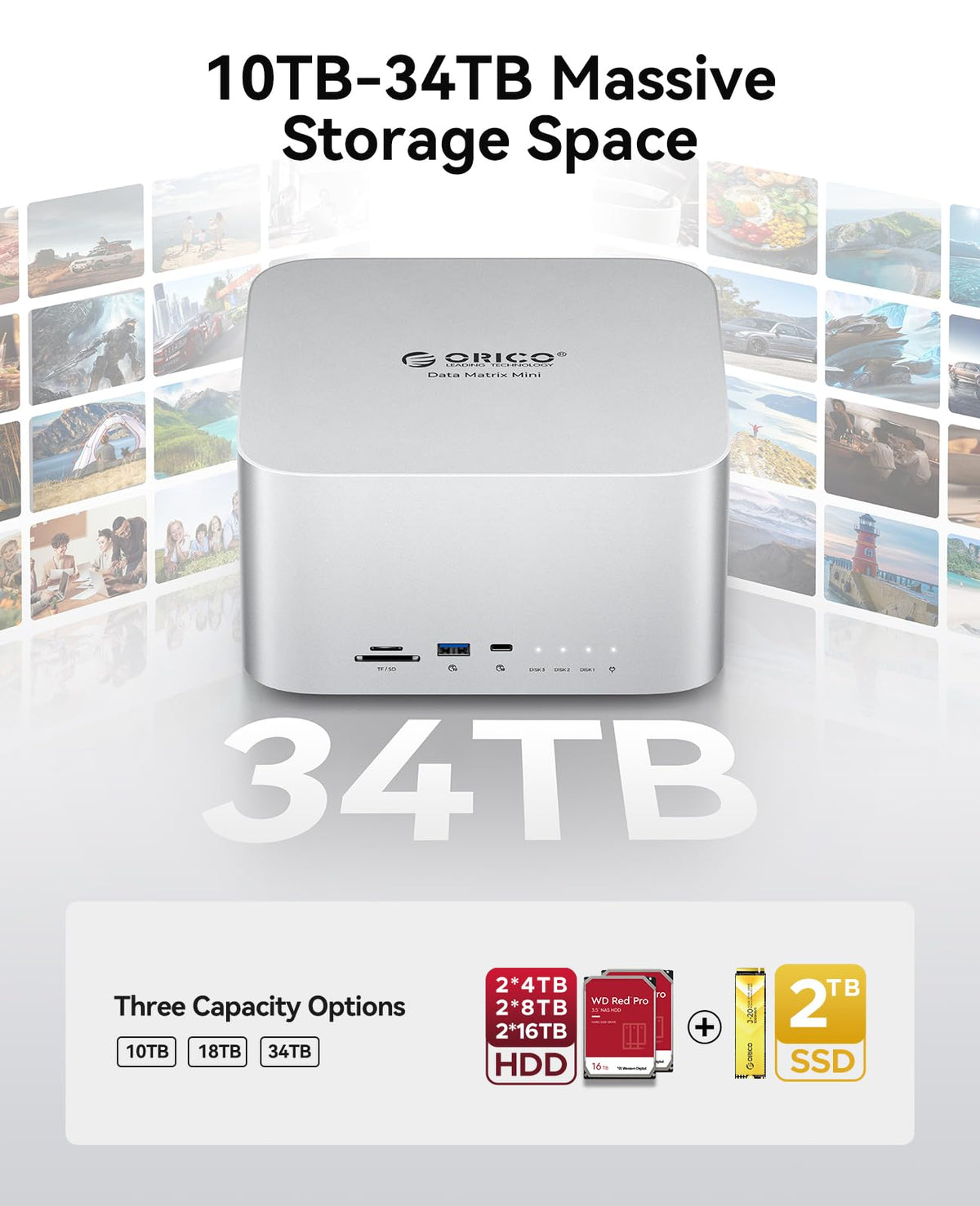 ORICO DataMatrix Mini 10TB Externsion Storage, 2TB SSD with 8TB External Hard Drive, 10Gbps USB-C&USB A Docking Station Compatible with Thunderbolt 3/4/5, SD/TF/CF Card Reader, for MacBook