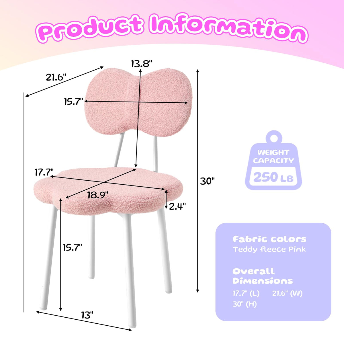 Ultrahome Vanity Girl Chair,Teen Kids Desk Chair with Bow Shape Backrest,Teddy Flence Reading Chair for Bedroom,Study Room,Make Up (Pink)