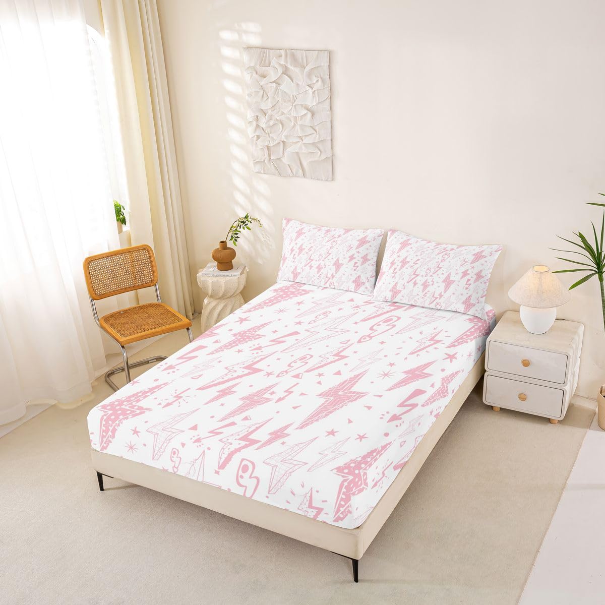 Castle Fairy Pink Lightning Fitted Sheet Queen Size (No Flat),Stars Dot Bedding Sets 3Pcs,Girls Boys Adult Room Decor,Plaid Lightning Bed Cover Princess Dreamy Deep Pocket Sheet,2 Pillowcases