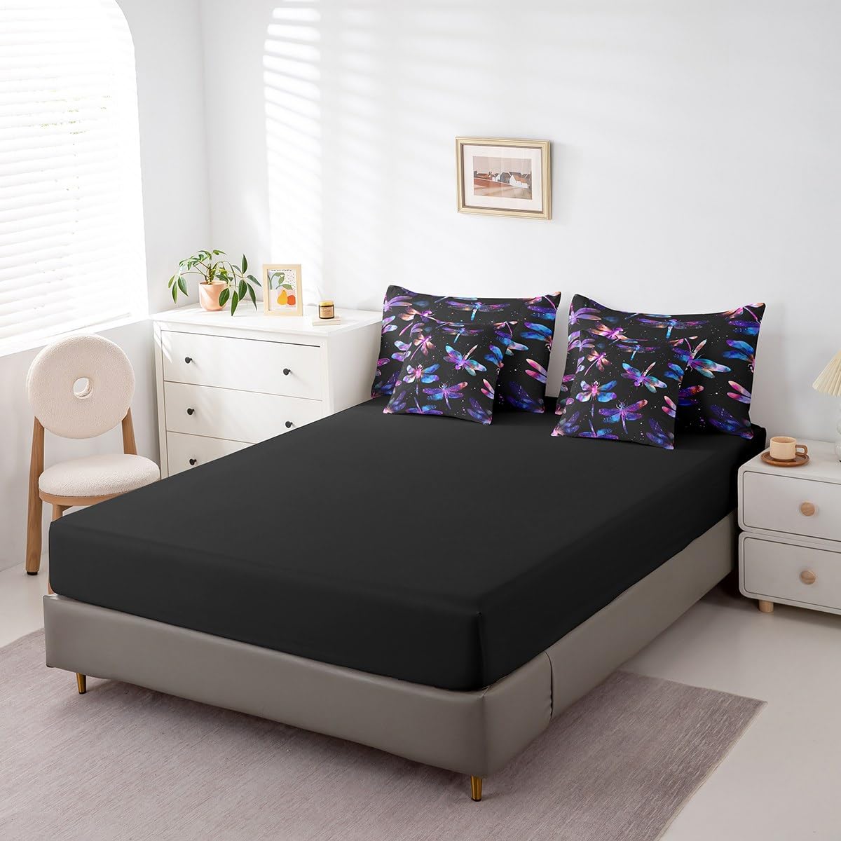 Erosebridal Gradient Dragonfly Comforter Set Queen,Gradient Aesthetic Animal Bedding Set 7Pcs for Girl Lady Women,Boho Dragonflies Quilt,Glitter Starry Sky Stars Bed in a Bag