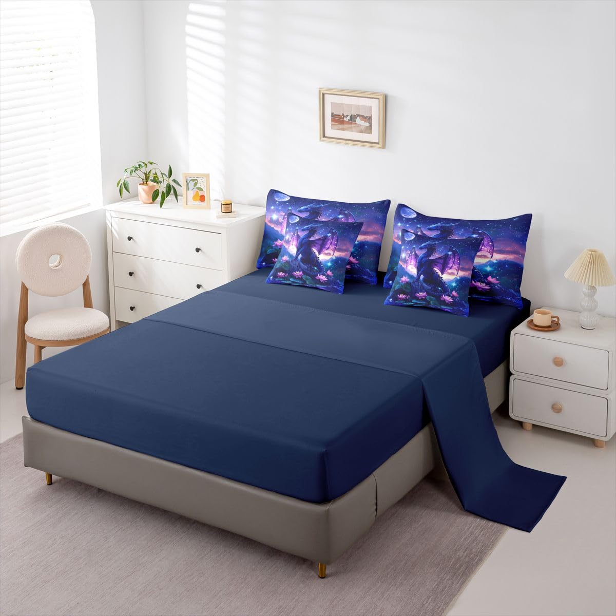 Feelyou Dragon Comforter Set with Sheets 7 Piece Twin Size Dragon Stuff Bed in a Bag Kids Boys Girls Wild Life Bedding Set Magic Wildlife Bedroom Decor Purplish Breathable Soft Lightweight Microfiber