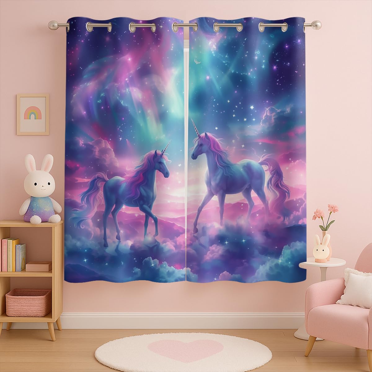 Fantasy Unicorn Blackout Curtains for Girls Boys Kids Teens Home Decor, Cute Starry Sky Stars Galaxy Grommet Thermal Insulated Drapes Darkening Window Curtain for Bedroom Living Room, 42 x 63 Inch