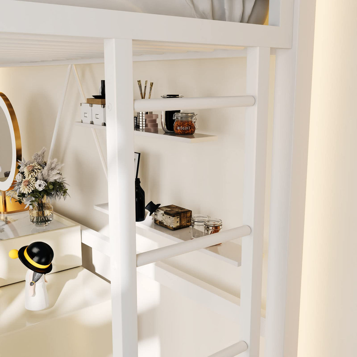 ikalido Metal Loft Bed Twin Size with Safety Guardrail and Ladder, No Box Spring Needed Space Saving Bedroom Furniture,Cream White
